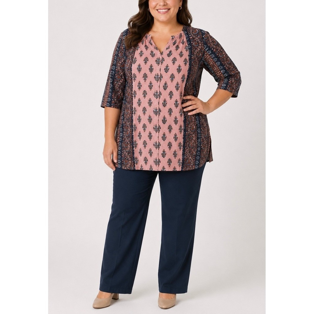 Pure Jill Tunic Top Womens Large Pink Mixed Paisley Cotton Linen Boho Artsy